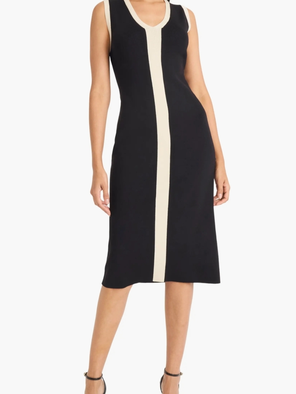 Maggy London Sleeveless Black Dress with Cream Center Stripe - Classic Midi